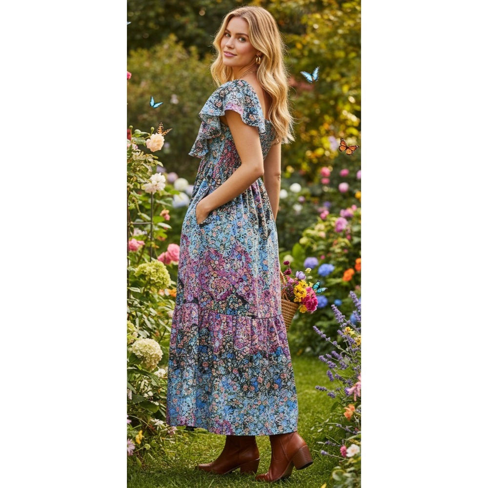 By Anthropologie Clementina Eyelet Maxi Dress Womens XS Floral Lace Flutter Slv